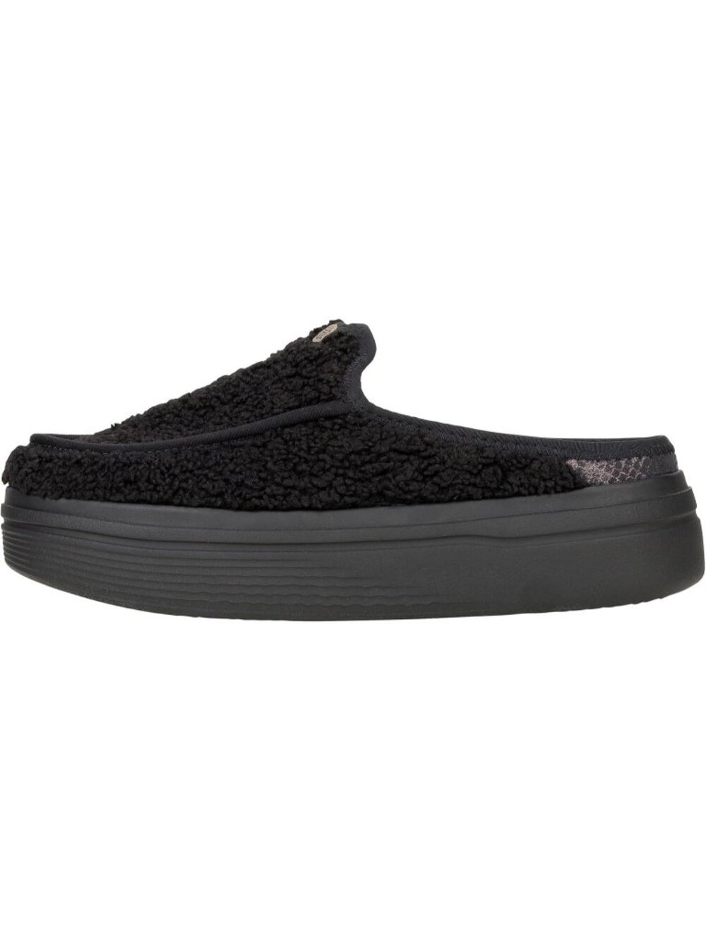 Women's Black Sherpa Flexible Lightweight Slip On Raised Back Heel Loafer Shoes